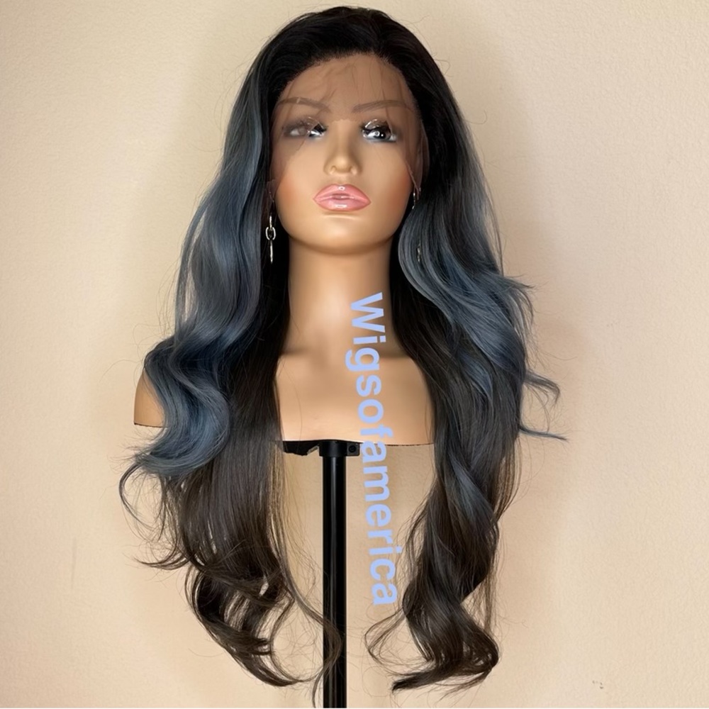 Blue wig brown lace frontal 24 inch Long wavy layered ombré